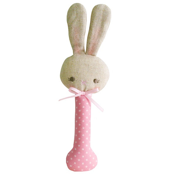 ALIMROSE | Baby Bunny Stick Rattle - Pink With White Spot